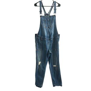 Indigo Blue Womens Distressed Navy Denim Overalls Size L Stretchy Side Panels